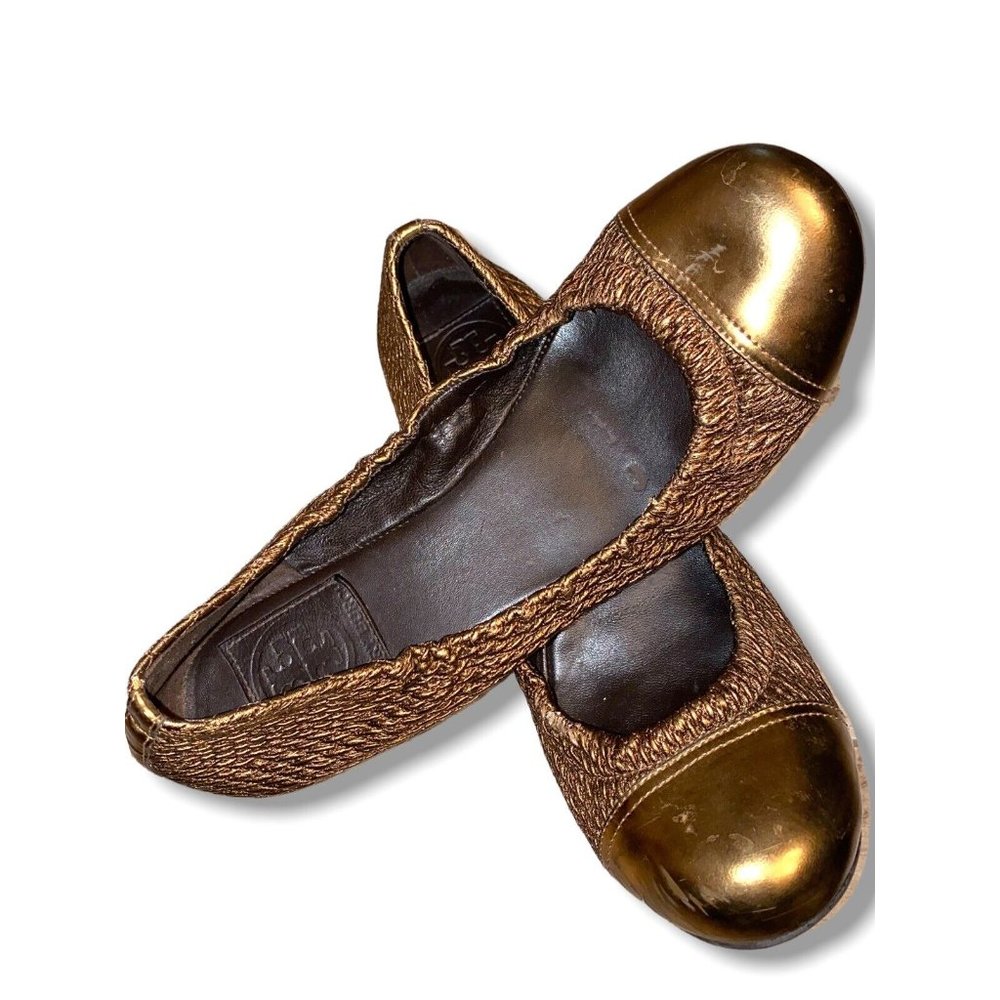 Tory Burch Anne Marie Leather Quilted Metallic Ballet Flats Bronze Size 7 - Picture 5 of 8